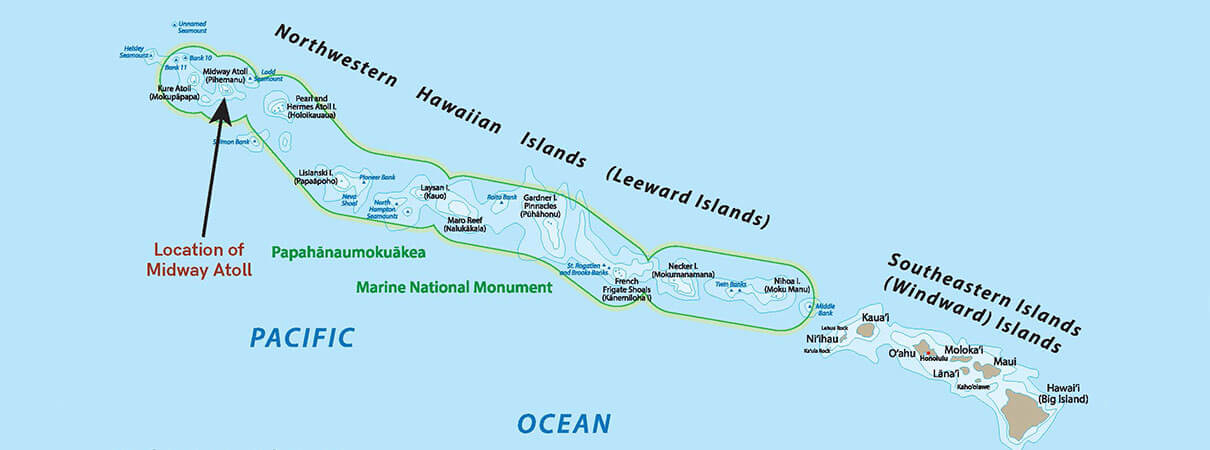 Hawaiian Island Chain and Midway Atoll. Map by Rainier Lesniewski/Shutterstock.