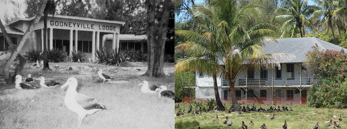 Left: Gooneyville Lodge, 1956. Photo courtesy of U.S. Navy. Right: Commercial Pacific Cable Company building, 2008. Photo by Forest and Kim Starr.